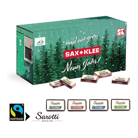 3D Adventskalender &quot;Container&quot; Mit Lindt Schokolade bunt | 4C Digital-/Offsetdruck | Sarotti Fairtrade®