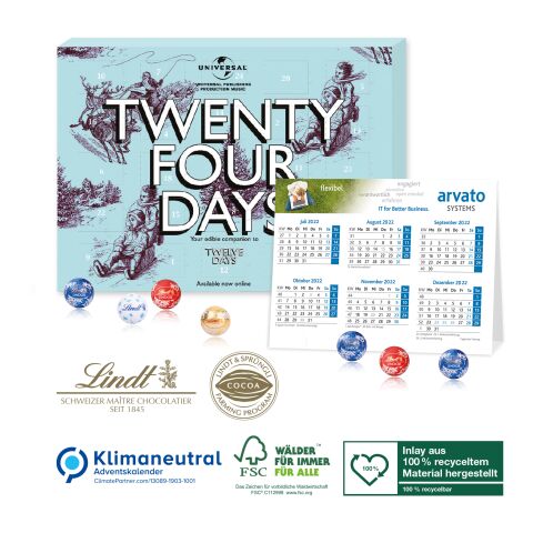 2 in 1 Adventskalender mit Jahresplaner mit Lindt Minis, Klimaneutral, FSC®, Inlay aus 100% Recycling-Material hergestellt 4C Digital-/Offsetdruck