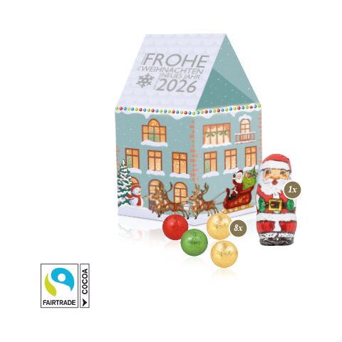 3D Präsent "Haus" bunt | ohne Werbeanbringung | Fairtrade® Schokolade