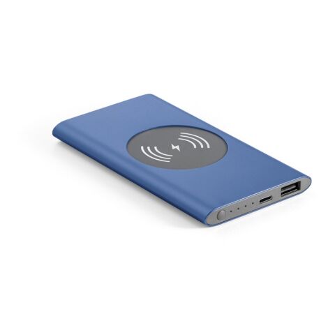 Firmengeschenk Powerbank CASSINI – blau – mit Logo bedruckt 4.000 mAh 5W Wireless Charger aus recyceltem Aluminium für Mitarbeiter
