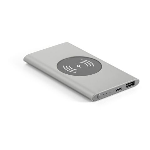 Werbeartikel CASSINI. Powerbank 4'000 mAh mit 5W wireless Ladegerät aus Recyceltes Aluminium (100 % rAL) – Satinsilber – mit Logo bedruckt