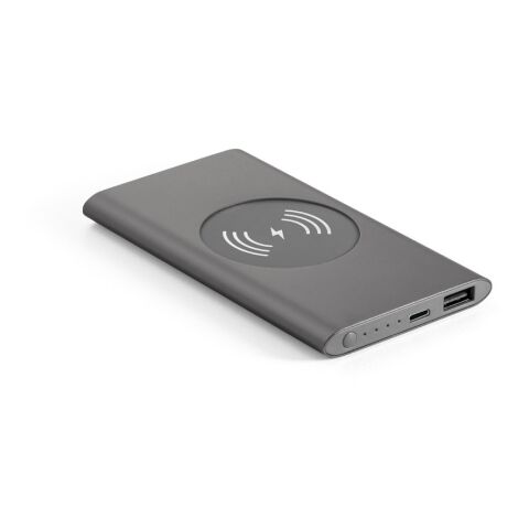 Firmengeschenk Powerbank CASSINI – dunkelgrau – mit Gravur 4.000 mAh 5W Wireless Charger aus recyceltem Aluminium für das Homeoffice