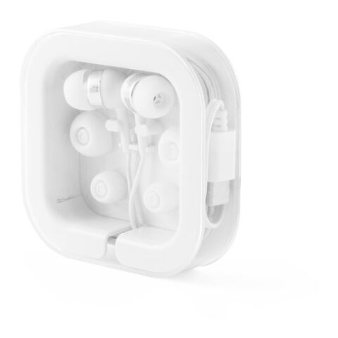 Werbeartikel PRESLEY. In-Ear Kopfhörer mit 1.2 Meter langem USB-C-Kabel und integriertem Mikrofon aus ABS – Weiß – mit Logo bedruckt