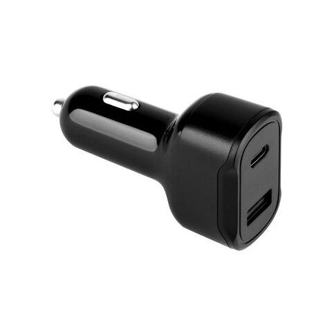 DIRAC. KFZ-Ladegerät mit USB-A Anschluss 18W und USB-C 20W in 100% rABS Schwarz | ohne Werbeanbringung