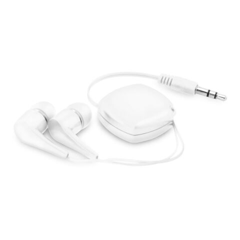 Werbeartikel PINEL. In-Ear Kopfhörer mit ausziehbarem 0.75 Meter Kabel aus ABS – weiß – mit Logo bedruckt