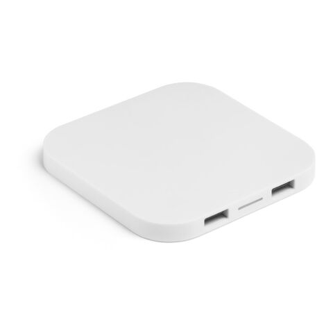 Werbeartikel CAROLINE. Superschnelles 15W wireless Ladegerät mit HUB 2 USB-A Anschlüssen aus Recyceltes ABS (60% rABS) – Weiß – mit Logo bedruckt