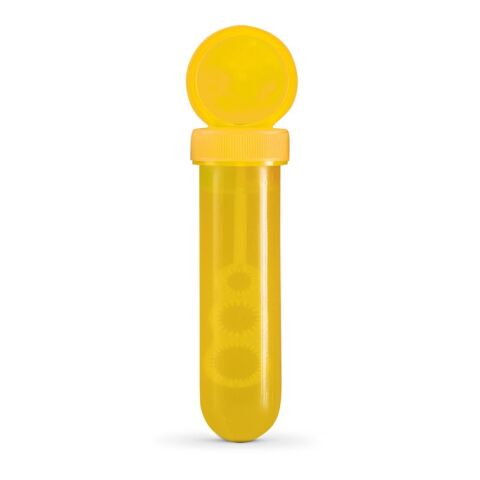 Werbeartikel Seifenblasen BUBBLY – gelb – mit Logo bedruckt für Familienfeste 30 ml Flüssigkeit ø25 x 130 mm
