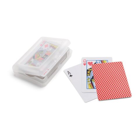 Werbeartikel Kartenspiel JOHAN – rot – mit Logo bedruckt 54 Karten laminiert 100x70x20 mm
