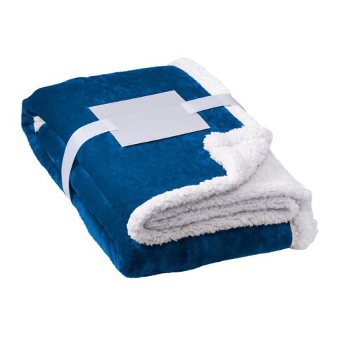Werbeartikel HEIDEN. Wendbare Fleecedecke (190 g/m²) mit Satinband und personalisierter Karte – königsblau – mit Logo bedruckt