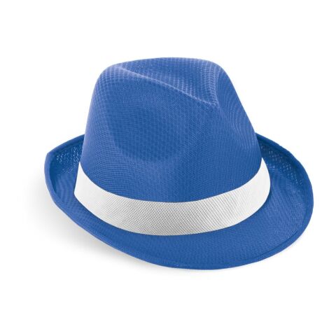 Werbeartikel MANOLO POLI. Hut aus PP mit weißen Band aus Polyester – Königsblau – Hut mit Logo bedruckt