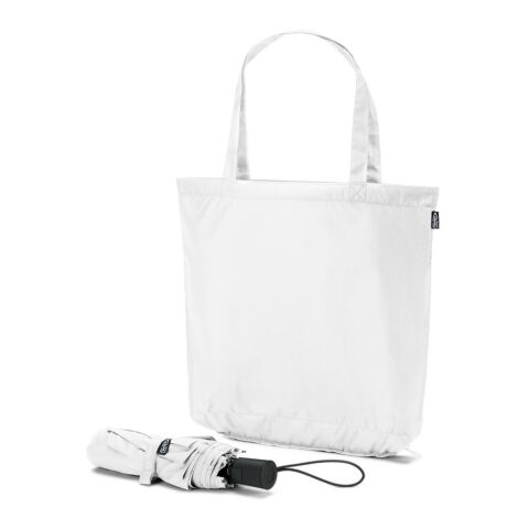Werbeartikel SKYLAR. 2-in-1-Regenschirm mit Einkaufstasche inklusive. Dieser ist aus recyceltem Polyester – Weiß – mit Logo bedruckt