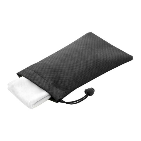 Werbeartikel BERNAL. Sporthandtuch aus recyceltem Polyester (100% rPET) dient zur Erfrischung mit Vliesstoffbeutel – weiß – mit Logo bedruckt