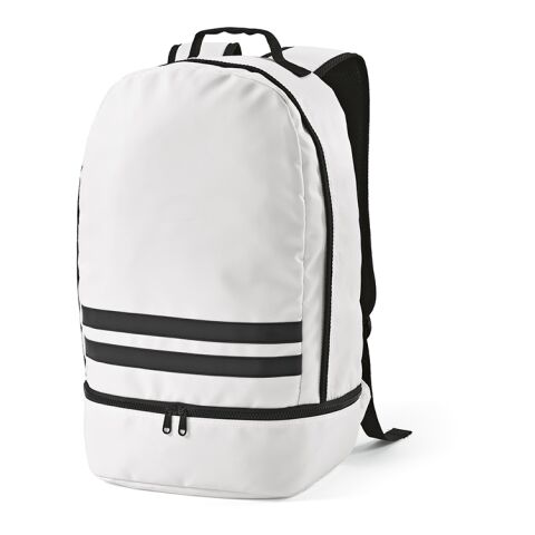 Werbeartikel Buenos Aires 25 L Rucksack aus rPET. Reflektierende Frontstreifen – weiß – mit Logo bedruckt