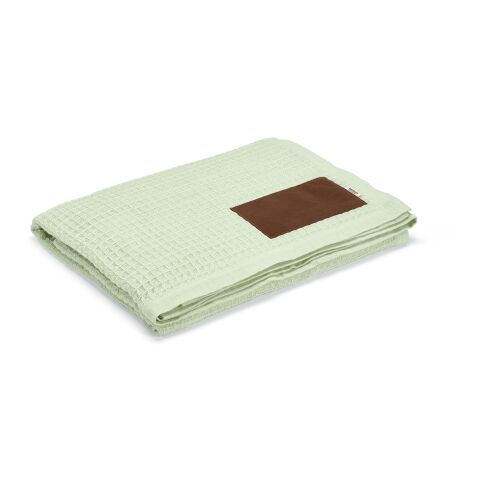 Kundengeschenk Giotto Decke – beige – mit Logo bedruckt 120 x 160 cm nachhaltig aus recycelter Baumwolle für Teamevents
