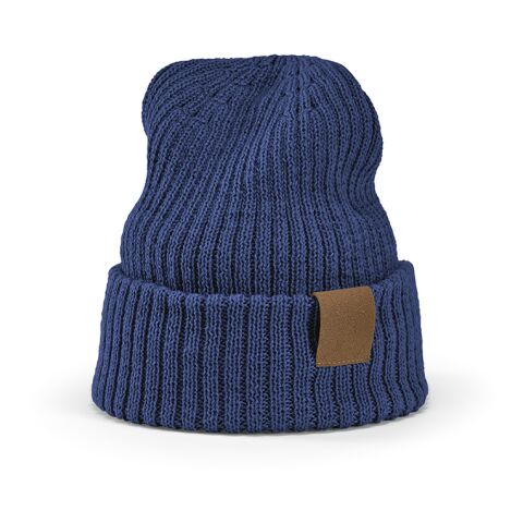 Werbeartikel Cobain Mütze aus rPET und Wolle. Mit personalisierbarem Aufnäher – blau – mit Logo bedruckt
