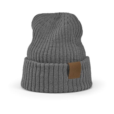 Werbeartikel Cobain Mütze aus rPET und Wolle. Mit personalisierbarem Aufnäher – grau – mit Logo bedruckt