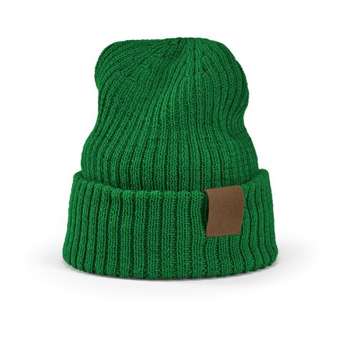 Werbeartikel Cobain Mütze aus rPET und Wolle. Mit personalisierbarem Aufnäher – dunkelgrün – mit Logo bedruckt