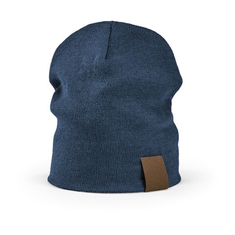 Werbeartikel Marley Mütze aus rPET. Mit personalisierbarem Aufnäher – blau – Mütze / Beanie mit Logo bedruckt
