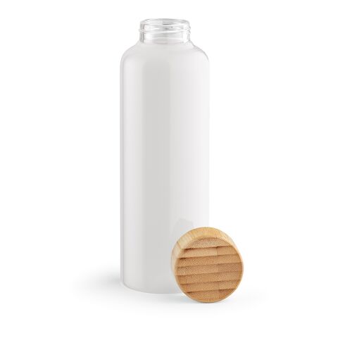 Werbeartikel Indus 510 ml Trinkflasche aus robustem Borosilikatglas mattiert mit Natur-Bambusdeckel & Geschenkbox – Weiß – mit Logo bedruckt