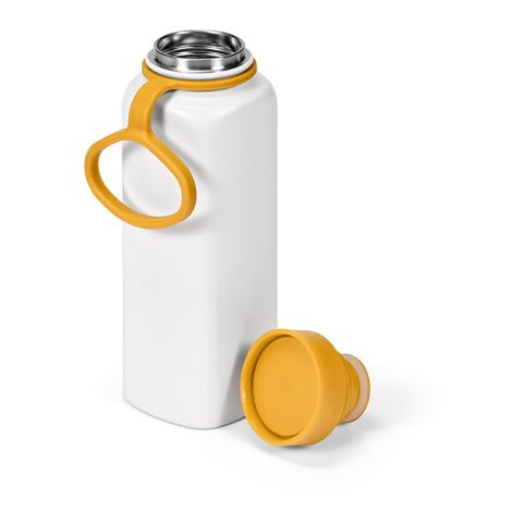 Werbeartikel Ural Trinkflasche recy.Edelstahl, 820 ml. 360° Push-Verschluss – dunkelgelb – mit Logo bedruckt
