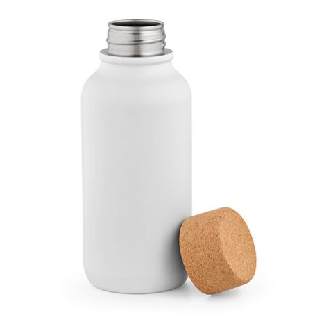 Werbeartikel Volga Trinkflasche recy.Edelstahl.Korkdeckel, 530 ml. Auslaufsicher – weiß – mit Logo bedruckt