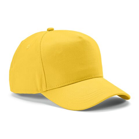 Werbeartikel Hendrix Kappe recy.Baumwolle 280 g/m². Metall-Schnallenverschluss – gelb – mit Logo bedruckt