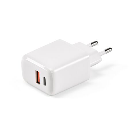 Werbeartikel Franklin Wandladegerät rABS, 20W. Schnellladung über USB-C und USB-A – weiß – mit Logo bedruckt