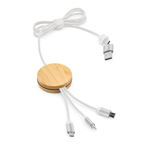 Werbeartikel Feynman 5-in-1 Kabel aus Bambus und rPET. Mit hinterleuchtetem Logo – weiß – mit Logo bedruckt
