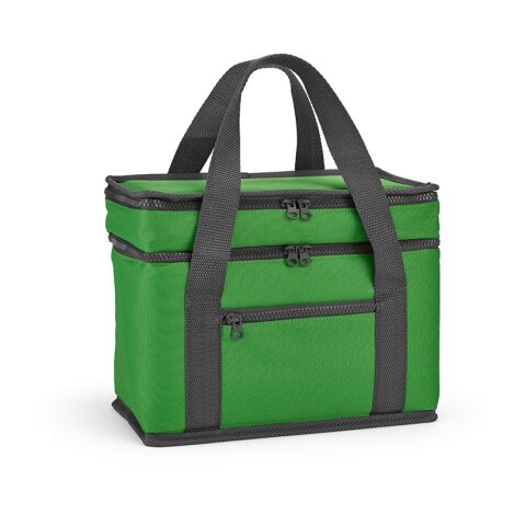 Werbeartikel Florence L 10 L Kühltasche aus rPET. Zwei Fächer und eine Fronttasche – Grün – mit Logo bedruckt