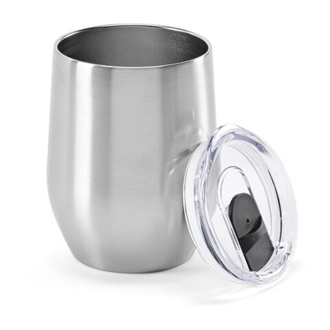 Werbeartikel Tigris Reisebecher recy.Edelstahl, 320 ml. Doppelwandig mit Deckel – silber – mit Logo bedruckt