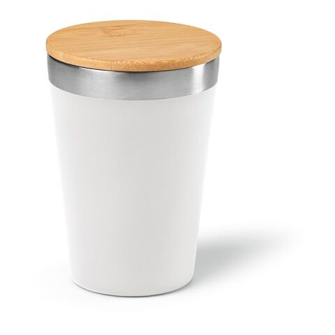 Werbeartikel Don Reisebecher recy.Edelstahl mit Bambusdeckel, 400 ml. Doppelwandig – weiß – mit Logo bedruckt