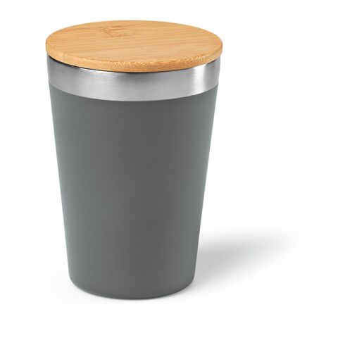 Werbeartikel Don 400 ml Thermobecher aus Recycling-Edelstahl Vakuumisolierung & Bambusdeckel – Dunkelgrau – mit Logo bedruckt