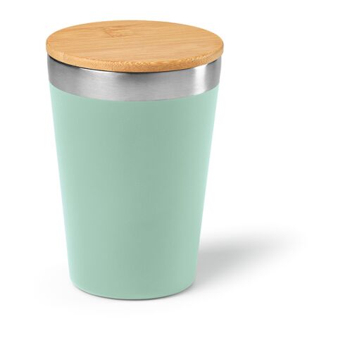 Werbeartikel Don Reisebecher recy.Edelstahl mit Bambusdeckel, 400 ml. Doppelwandig – pastelgrün – mit Logo bedruckt