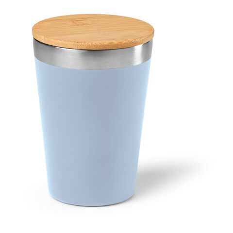 Werbeartikel Don 400 ml Thermobecher aus Recycling-Edelstahl Vakuumisolierung & Bambusdeckel – mattblau – mit Logo bedruckt