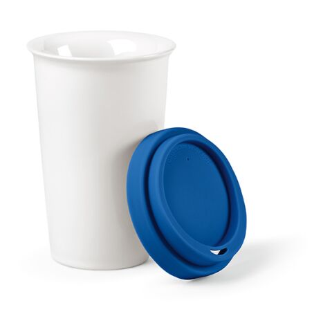 Werbeartikel Tagus Reisebecher aus Keramik, 330 ml. Doppelwandig mit farbigem Deckel – blau – mit Logo bedruckt