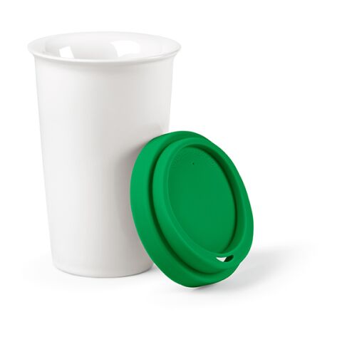 Werbeartikel Tagus 330 ml Keramik To-Go-Kaffeebecher doppelwandig isoliert mit Trinkdeckel – grün – mit Logo bedruckt
