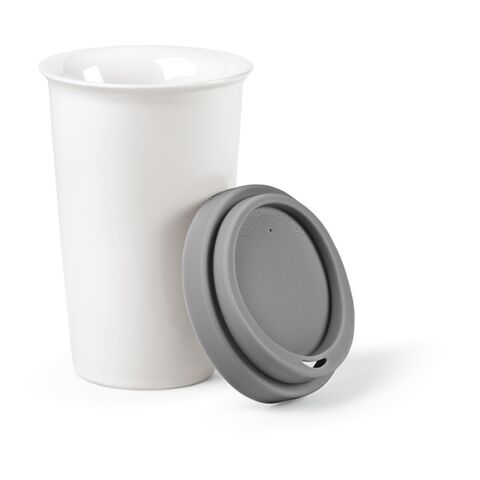 Werbeartikel Tagus Reisebecher aus Keramik, 330 ml. Doppelwandig mit farbigem Deckel – grau – mit Logo bedruckt