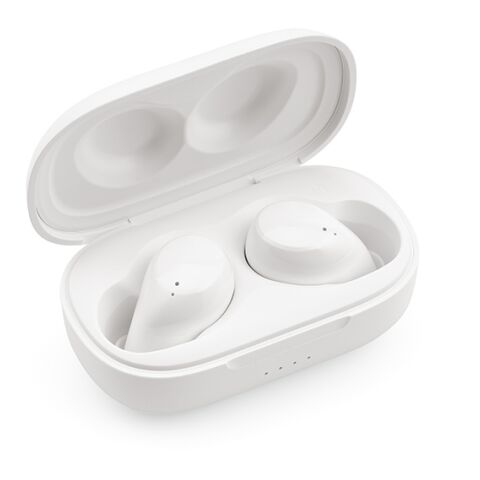 Werbeartikel Pasteur Ohrhörer aus rABS, 400 mAh, mit 5 Stunden Wiedergabezeit – weiß – mit Logo bedruckt