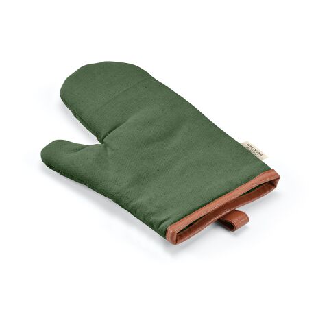 Werbeartikel Basquiat Küchenhandschuh aus recy.Baumwolle 280g/m² mit rPU-Details – Armeegrün – mit Logo bedruckt