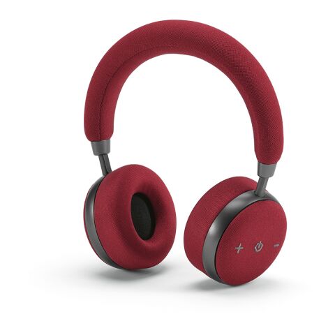 Werbeartikel Bell Kopfhörer aus rABS und Bambus, 500 mAh. 20 Stunden Wiedergabezeit – burgund – mit Logo bedruckt