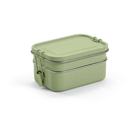 Werbeartikel Tintoretto Lunchbox recy.Edelstahl, 1240 ml. Mit seitliche Verschlussklammern – mattgrün – mit Logo bedruckt