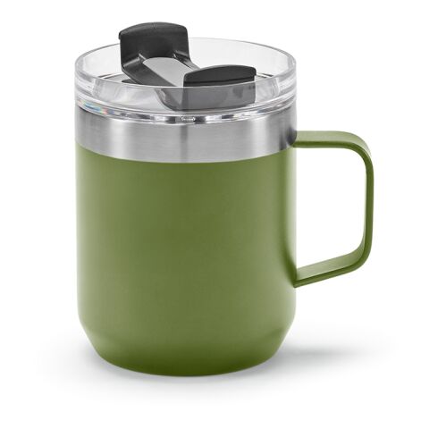 Werbeartikel Shinano Tasse recy.Edelstahl, 440 ml. Doppelwandig mit drehbarem Deckel – armeegrün – mit Logo bedruckt