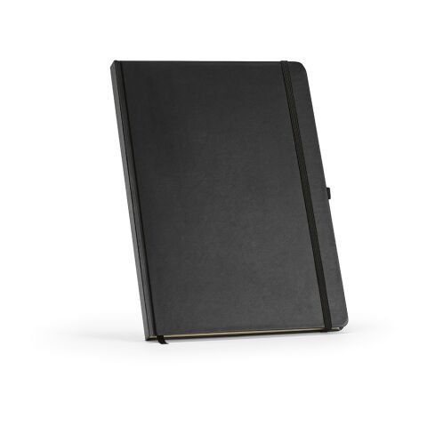 Werbeartikel Marquez A4 Notizbuch mit Festeinband. 240 Seiten 70gsm recy.Papier – schwarz – mit Logo bedruckt