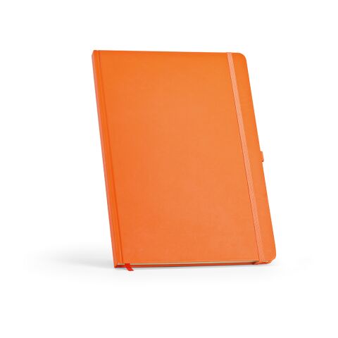 Werbeartikel Marquez A4 Notizbuch mit Festeinband. 240 Seiten 70gsm recy.Papier – orange – mit Logo bedruckt