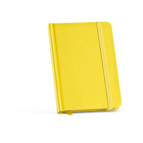 Werbeartikel Marquez A6 Notizbuch mit Festeinband. 196 Seiten 70g/m² recy.Papier – dunkelgelb – mit Logo bedruckt