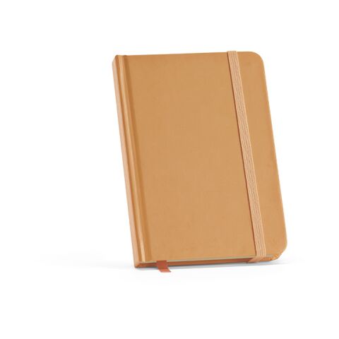 Werbeartikel Marquez A6 Notizbuch mit Festeinband. 196 Seiten 70g/m² recy.Papier – kamel – mit Logo bedruckt