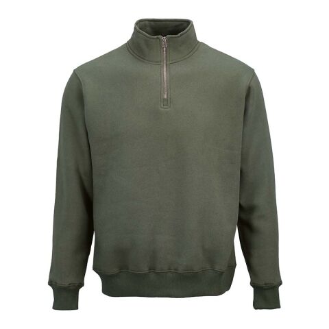 Werbeartikel Malibu Sweatshirt mit 1/4-Reißverschluss. Bio-Baumwolle, recy. Baumwolle und rPET – Armeegrün – mit Logo bedruckt