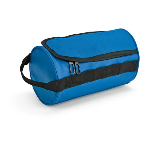 Werbeartikel Riga 5,7L Kulturtasche aus rPET. Zylindrische Form mit Tragegriff – blau – Kosmetiktaschen, Kulturbeutel & Schminktaschen mit Logo