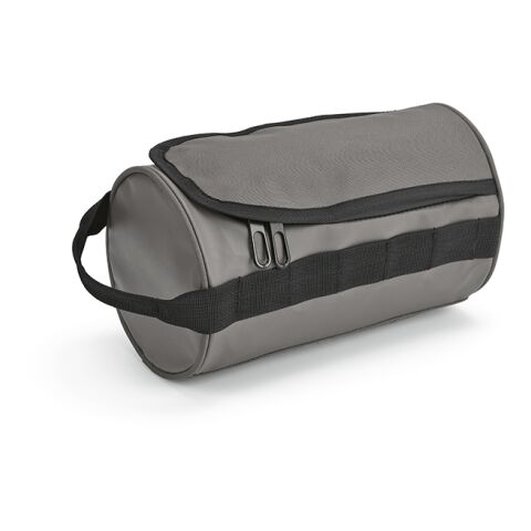 Werbeartikel Riga 5,7L Kulturtasche aus rPET. Zylindrische Form mit Tragegriff – Grau – Kosmetiktaschen, Kulturbeutel & Schminktaschen mit Logo