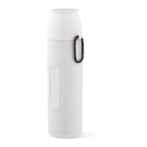 Werbeartikel Flinders 1,08 L Thermoskanne recycelter Edelstahl 55h kalt/20h heiß inkl. 2 Becher & Karabiner – weiß – mit Logo bedruckt